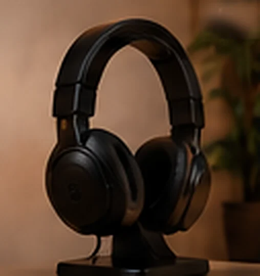 Casque posé sur un support noir