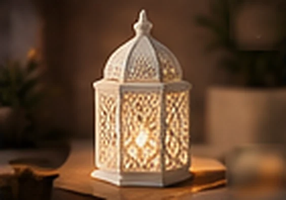 Lanterne ivoire allumée sur une table