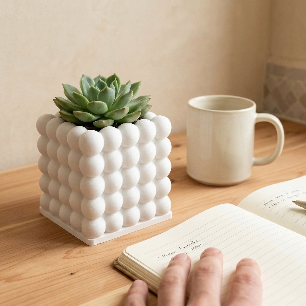 Cache-Pot Cube Bulles — mise en scène