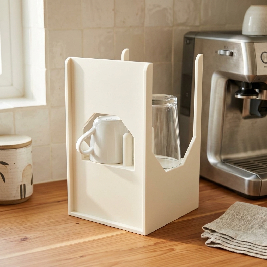 Étagère à tasses compacte — mise en scène