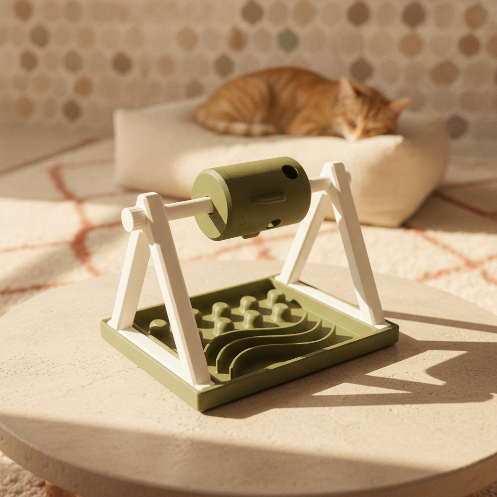 Distributeur de friandises pour chat — mise en scène