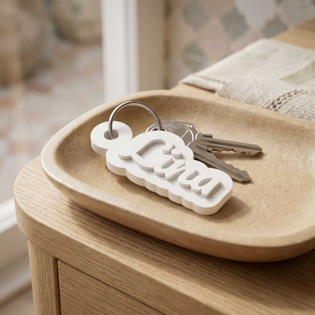 Porte-clés prénom à bordure — mise en scène