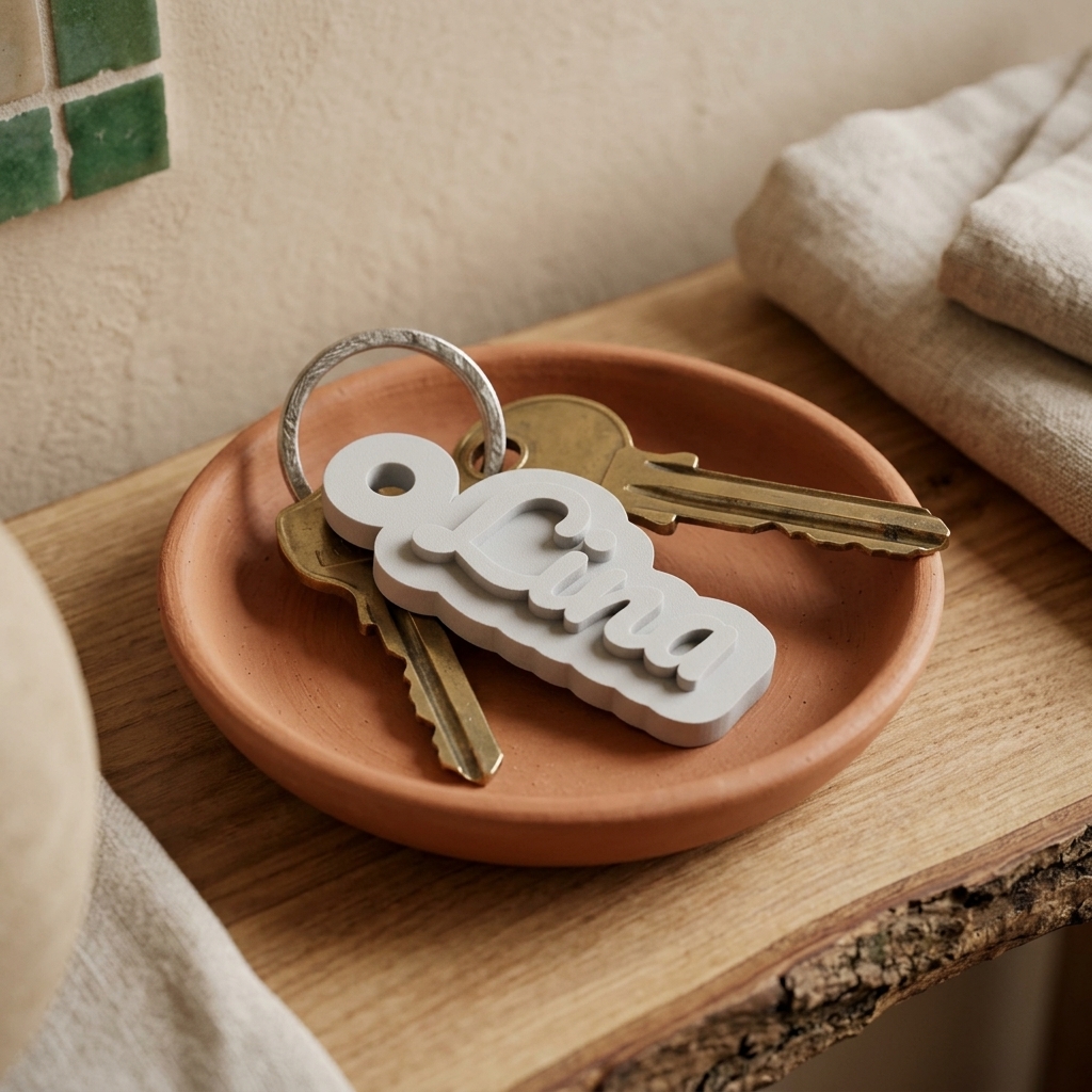 Porte-clés prénom à bordure — mise en scène