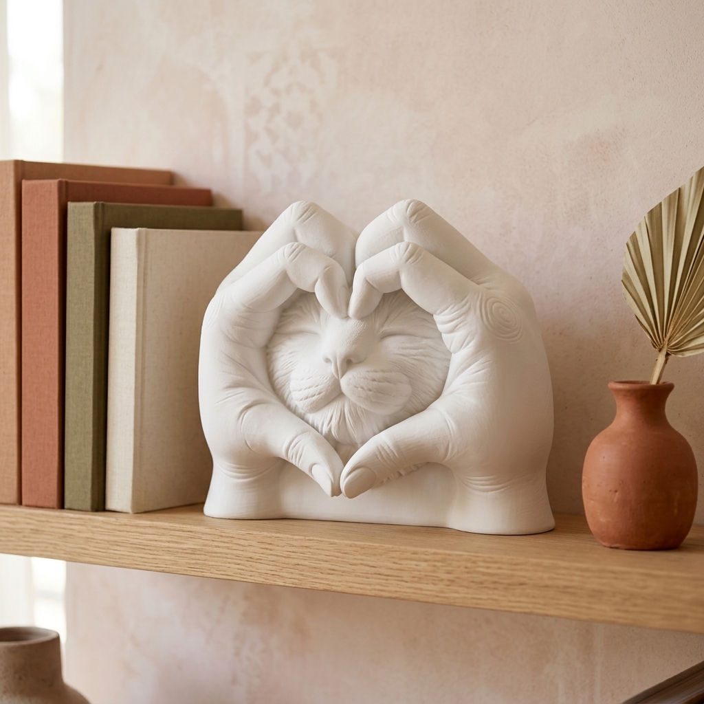 Statuette Féline Cœur — mise en scène