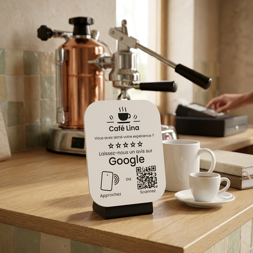 NFC & QR Google review stand on a café counter, next to an espresso